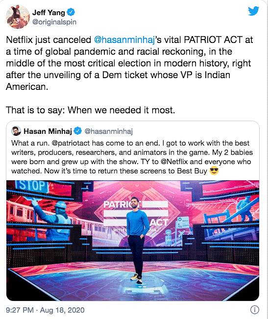 After six seasons, Netflix has cancelled Hasan Minhaj’s ‘Patriot Act’.
