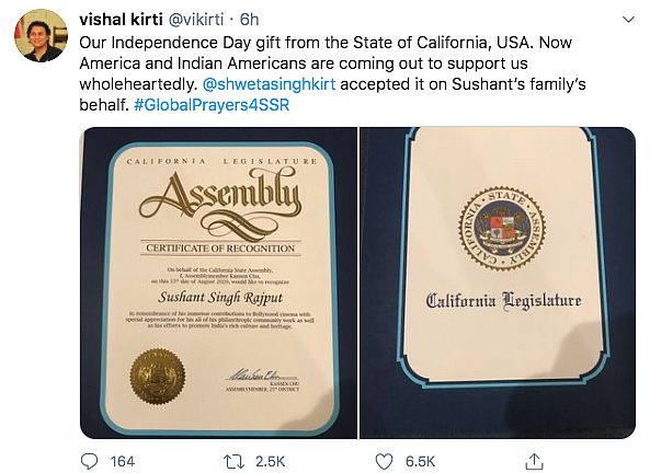 Sushant Gets Special Recognition From California State Assembly