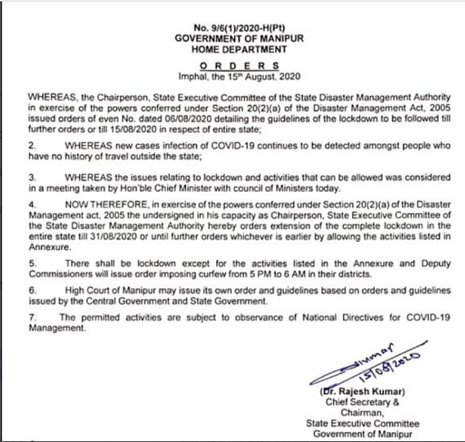 COVID-19: Manipur Govt Extends Complete Lockdown Till 31 August