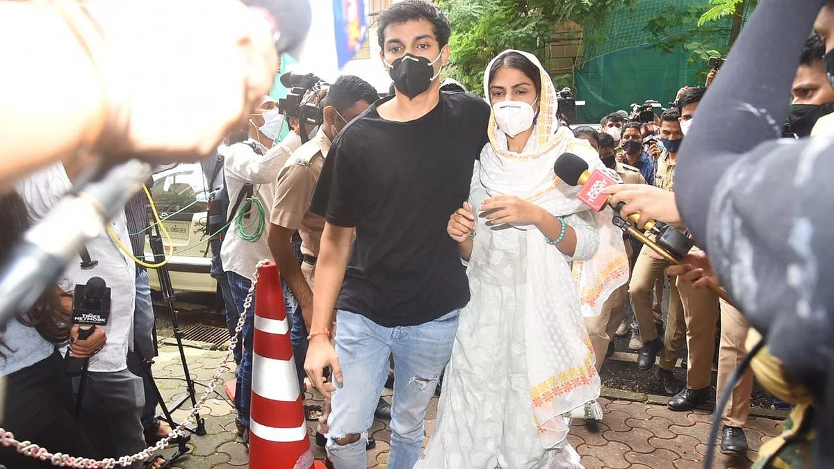Rhea Chakraborty with her brother Showik at the ED office.