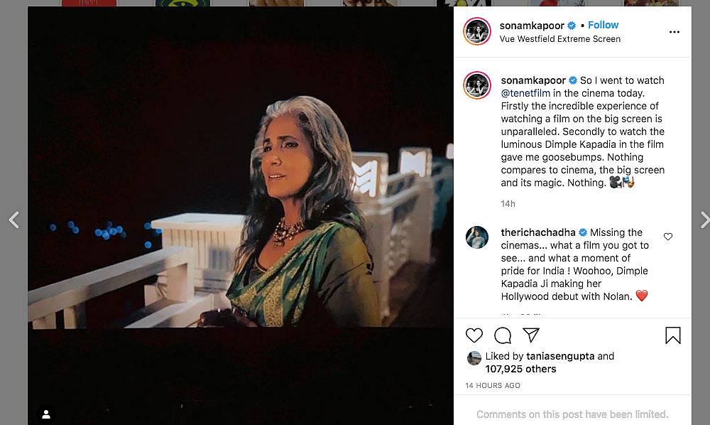 Sonam Kapoor watches Tenet in London.