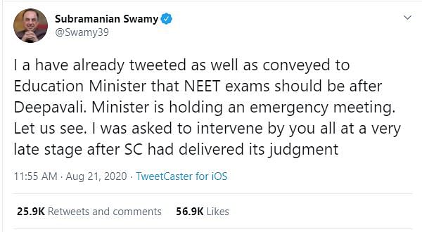 “Holding the exam in my opinion you may lead to a large number of suicides in the country,” Swamy wrote to the PM. 
