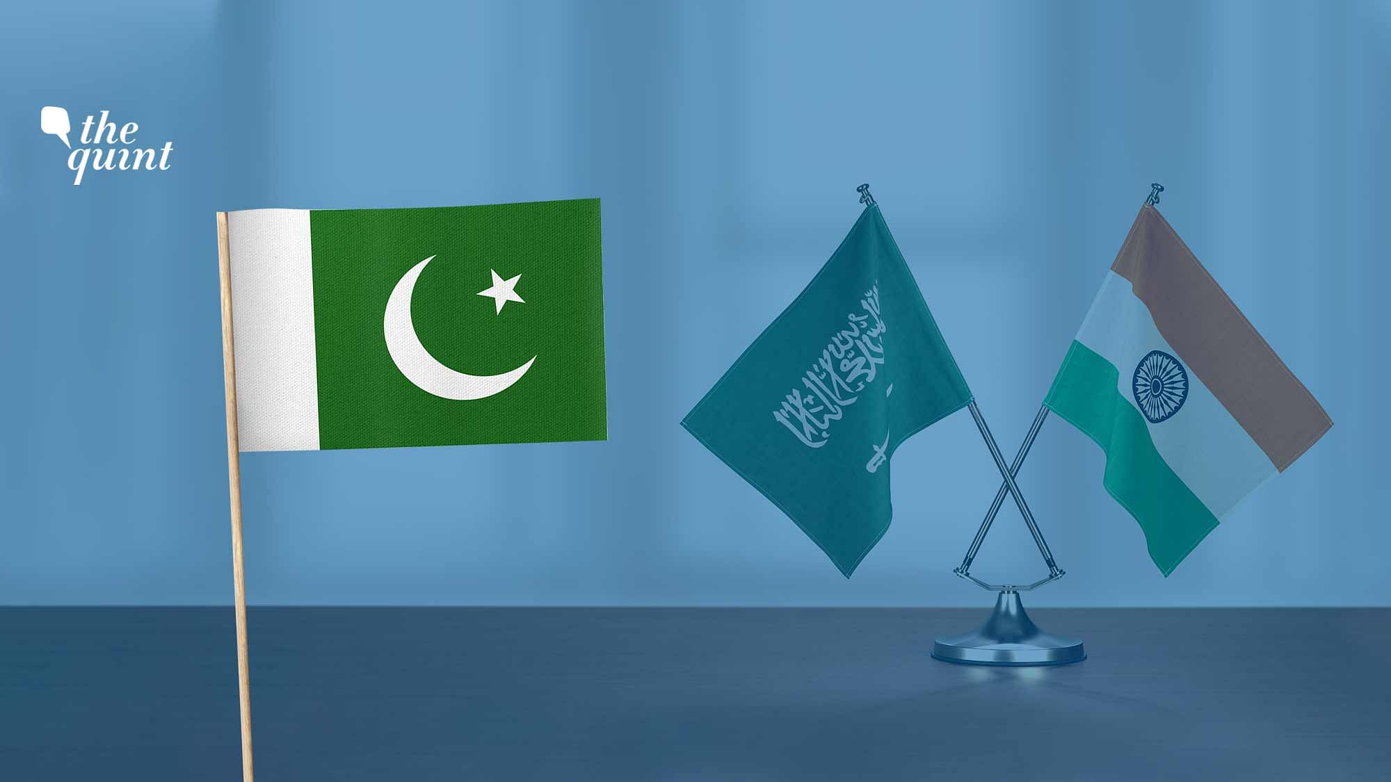 Image of Pakistani flag (L) and Saudi Arabian and Indian flags (R) used for representation.