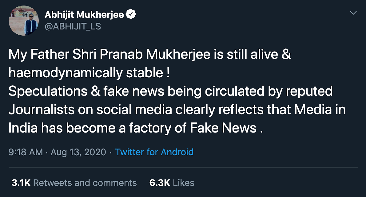 ‘Still Alive’: Pranab Mukherjee’s Children Refute Health Rumours