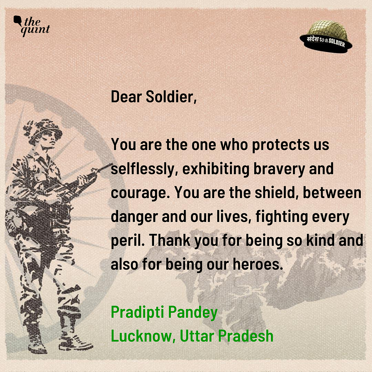 Pradipti Pandey from Uttar Pradesh sends her sandesh to a soldier.