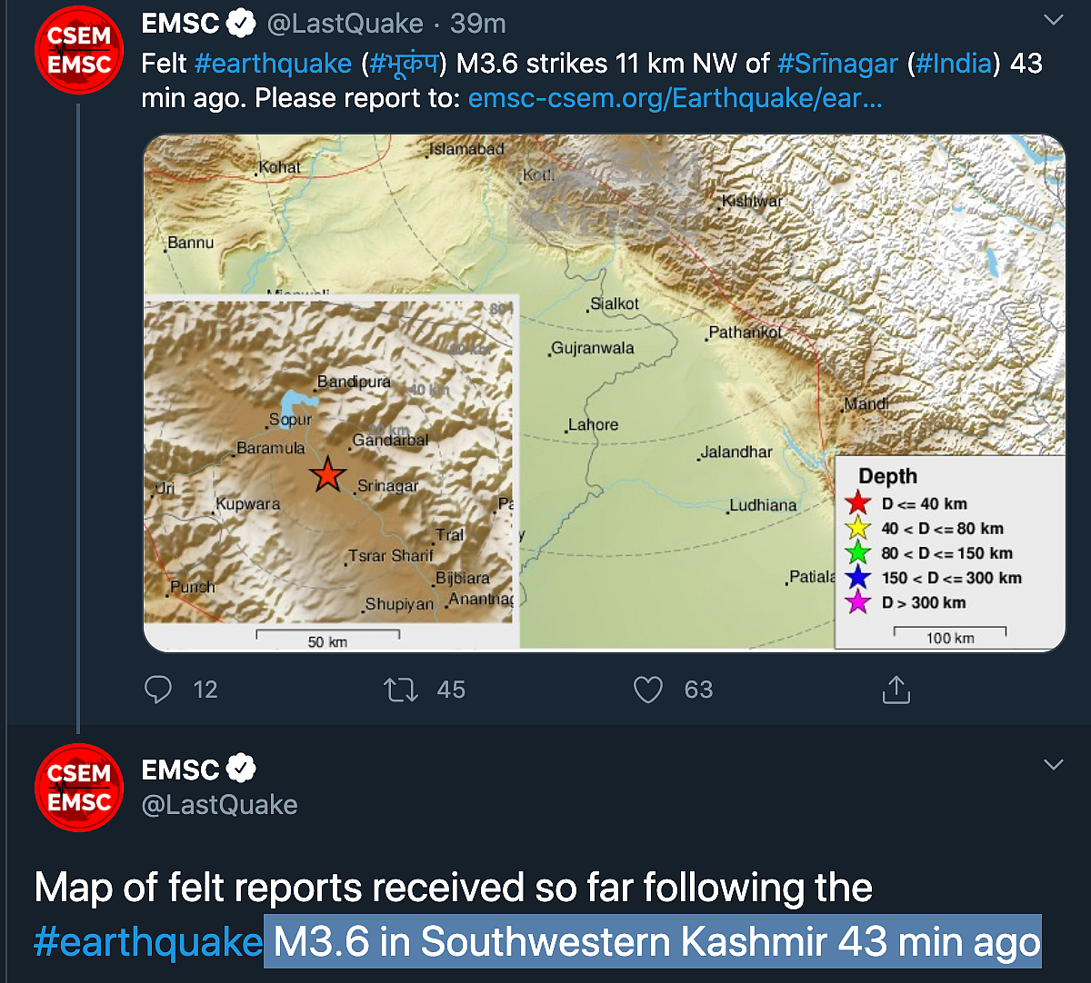 Moderate-Intensity Earthquake of 3.6 Magnitude Strikes Srinagar