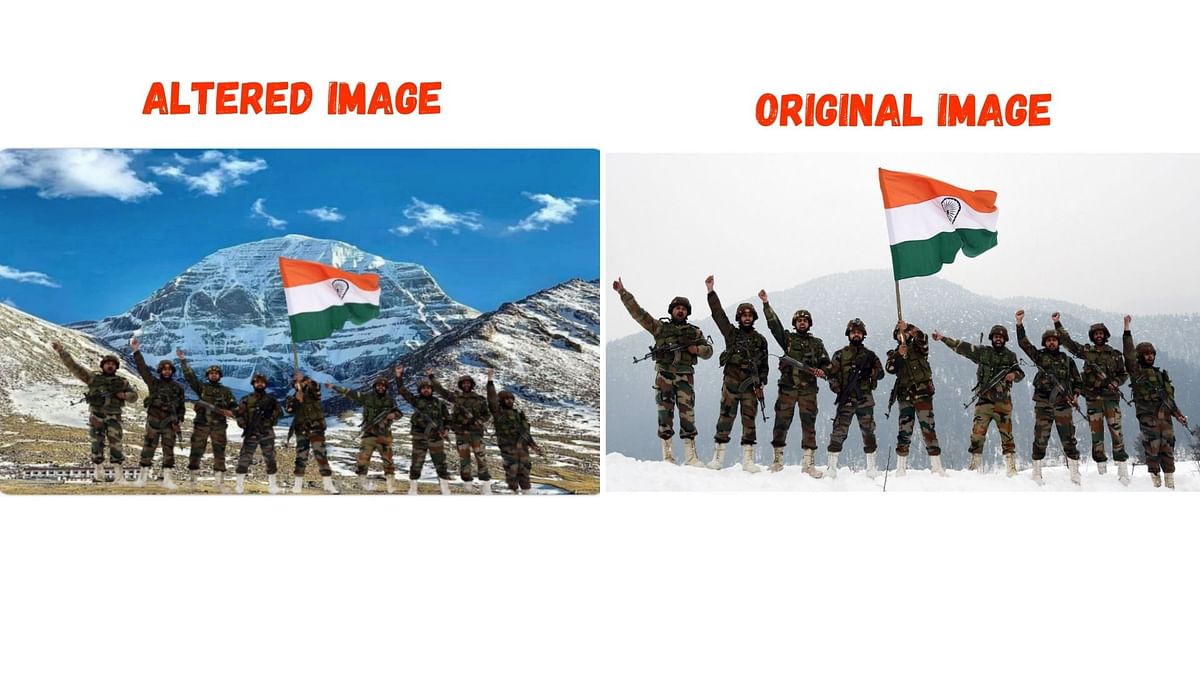 The photograph actually shows soldiers of the Indian Army waving the tricolour at the Line of Control (LoC).