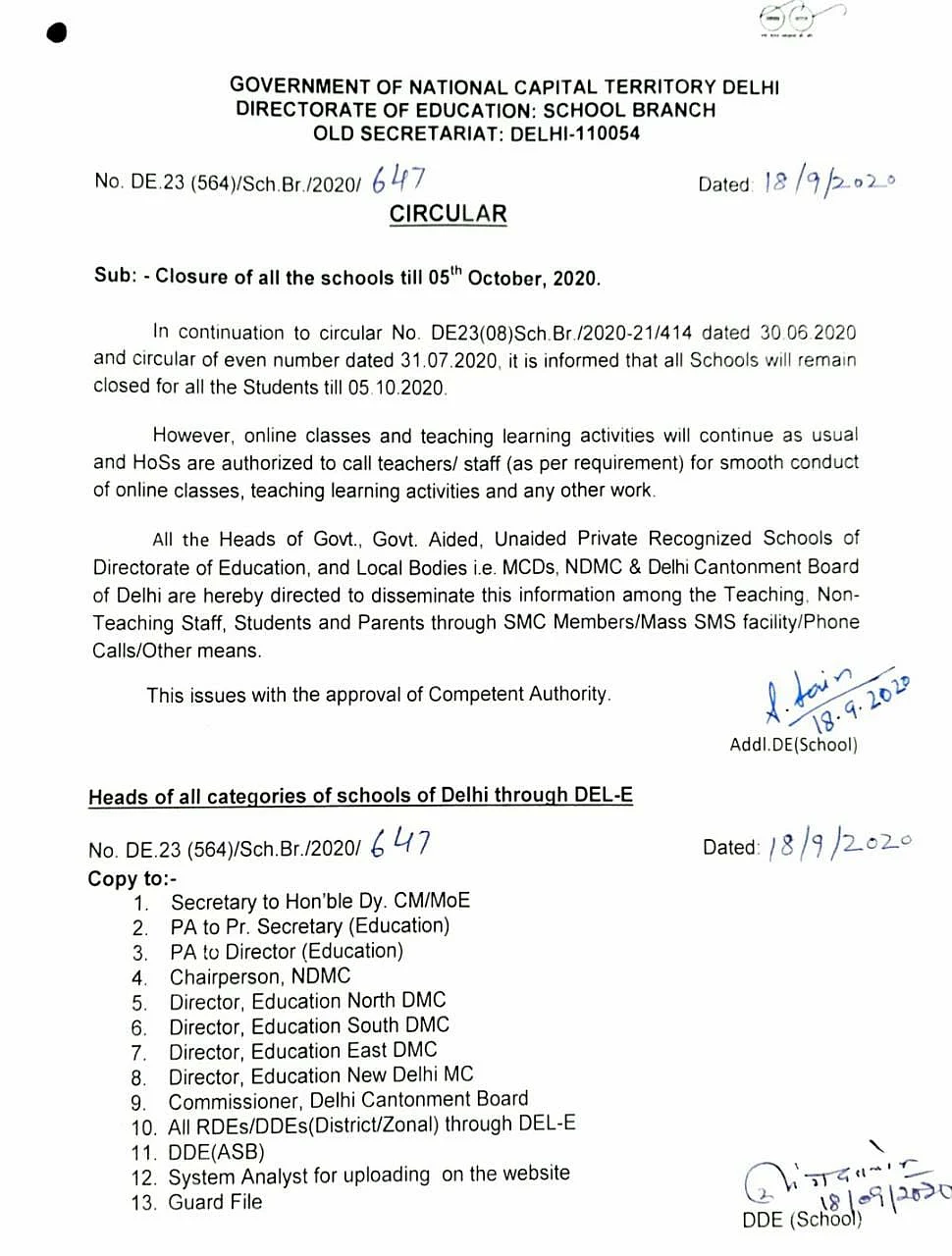 Delhi government’s order on reopening of schools.
