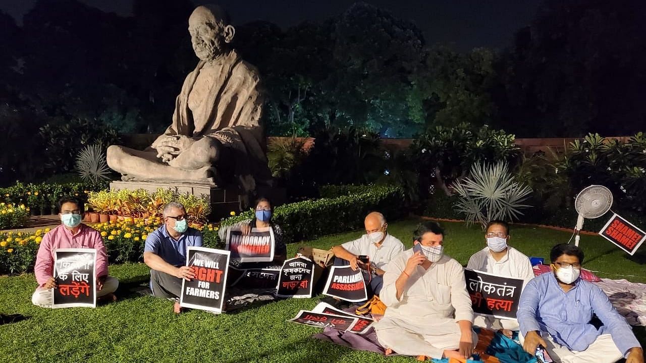 Singing, sitting on grass, eight suspended Rajya Sabha members have been camping near the Gandhi statue.