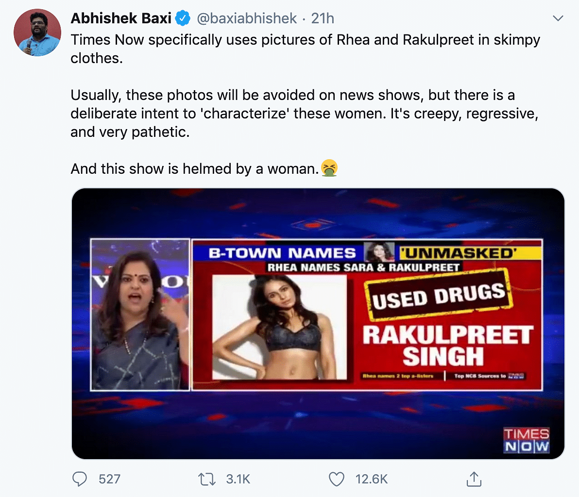 Twitter users question choice of image by Times Now that shows actor Rakulpreet Singh in a bikini on TV.