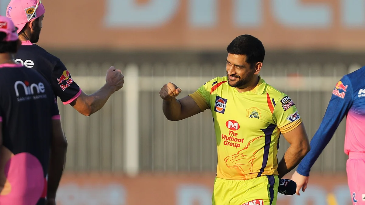 MS Dhoni during CSK’s second match of the 2020 IPL season, against Rajasthan Royals.