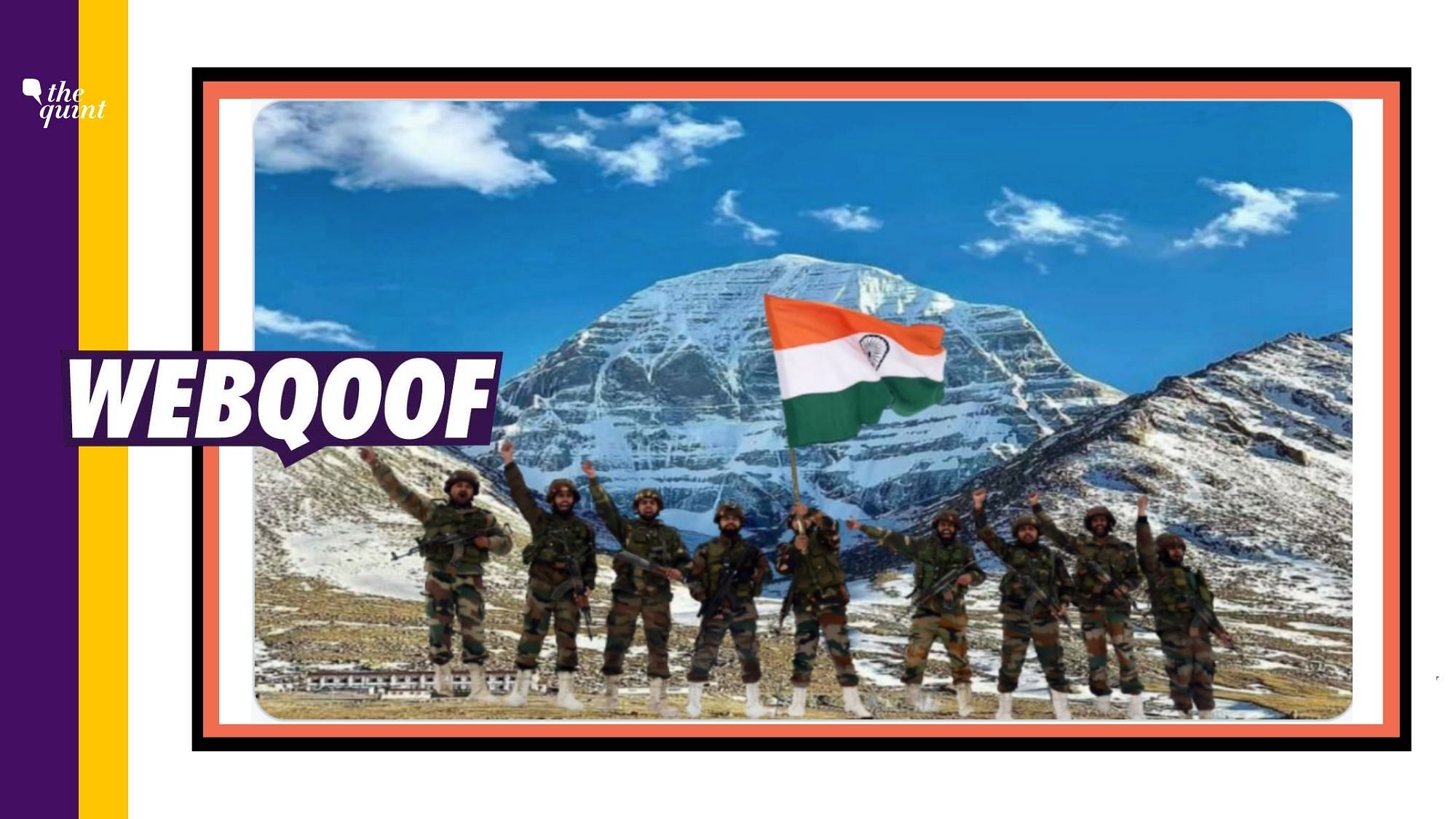 The photograph has been morphed on the background of Mansarovar and it actually shows soldiers of the Indian Army waving the tricolour at the Line of Control (L