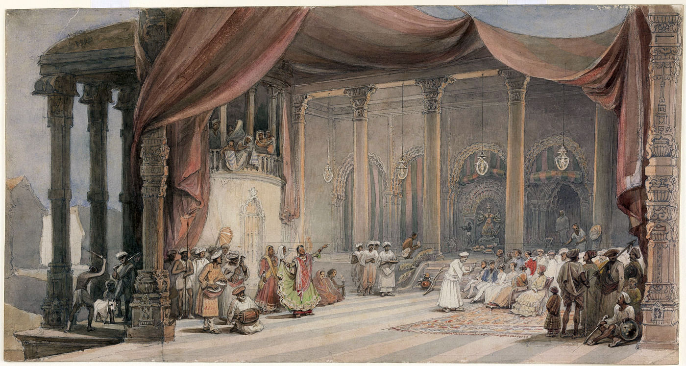 William Prinsep’s painting depicting European guests being entertained during Durga Puja.&nbsp;