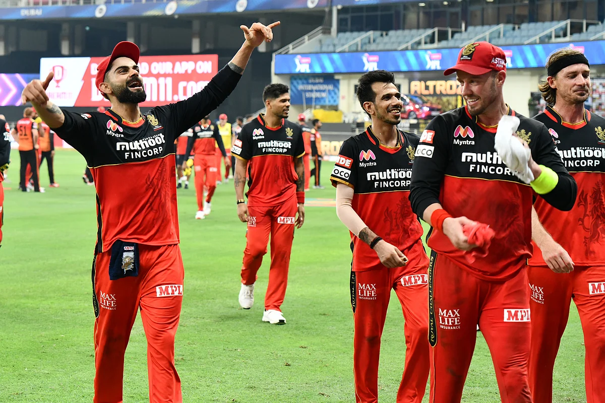 Captain of RCB Virat Kohli, Yuzvendra Chahal and AB be Villers celebrate the win against Sun Risers Hyderabad, the match 3 of season 13 of Dream 11 Indian Premier League (IPL) between Sunrisers Hyderabad and Royal Challengers Bangalore.