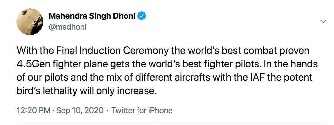 MS Dhoni has tweeted following the final induction ceremony of the Rafale jets into the Indian Air Force (IAF).