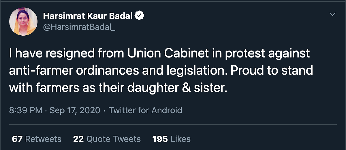 ‘Farmers & SAD Synonymous’: Union Min Harsimrat Badal Quits Govt