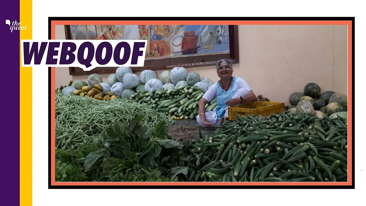 An image of Sudha Murty is circulating on social media with a misleading claim that she sells vegetables in front of a temple.