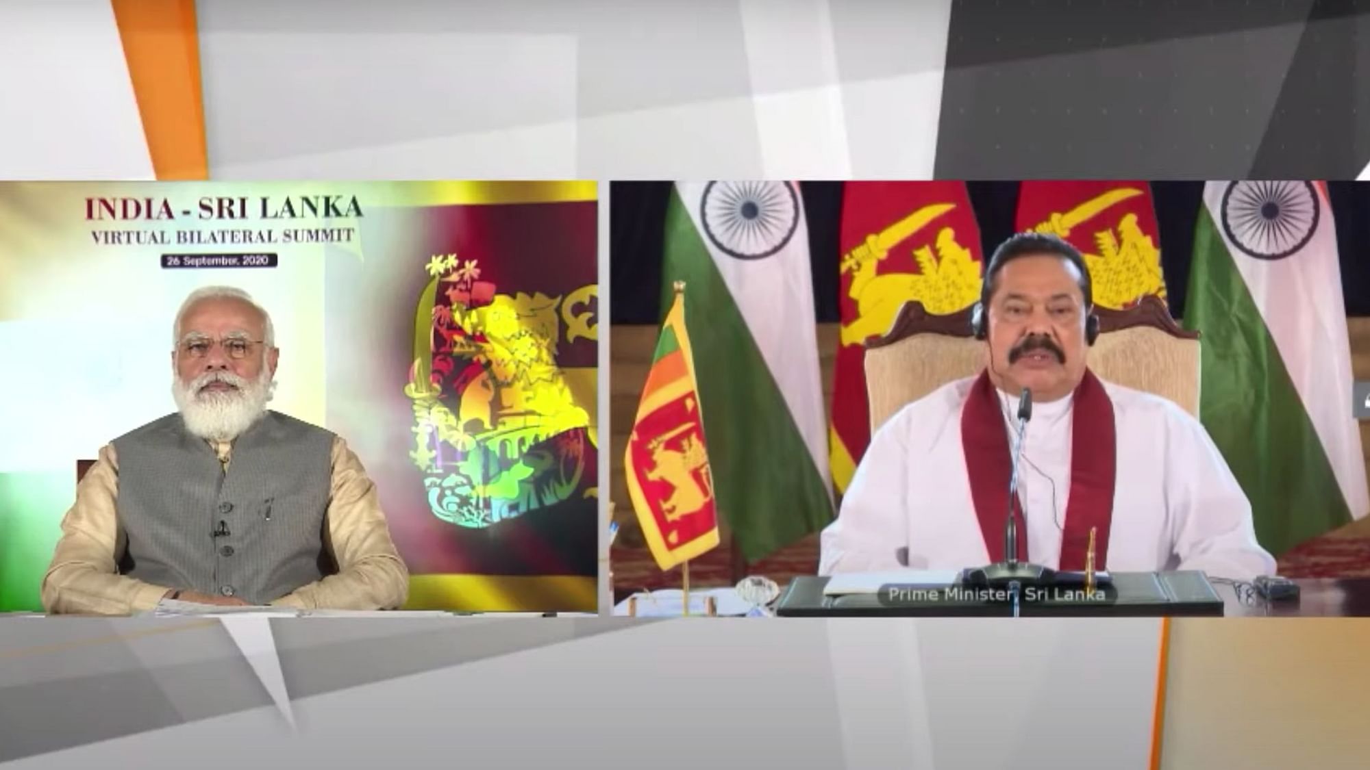PM Modi and Sri Lankan PM Mahinda Rajapaksa during the virtual bilateral summit.