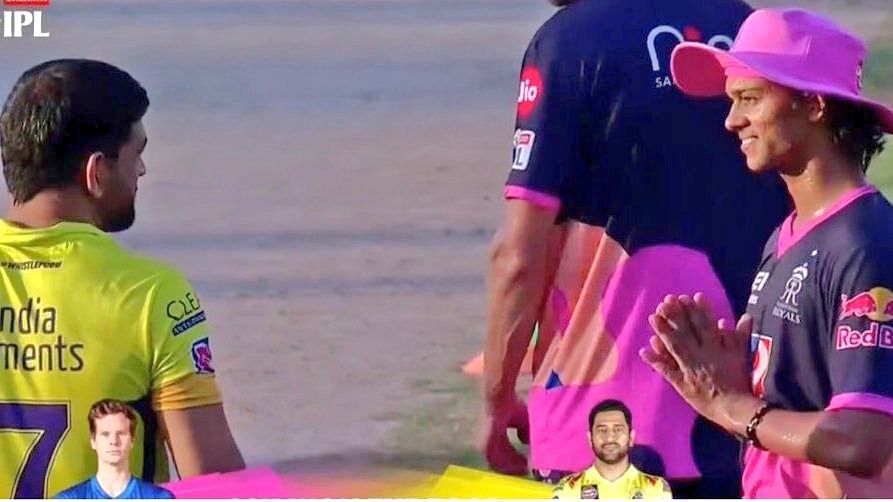 Yashasvi Jaiswal is playing his first IPL match and greeted MS Dhoni with a namaste after the toss.