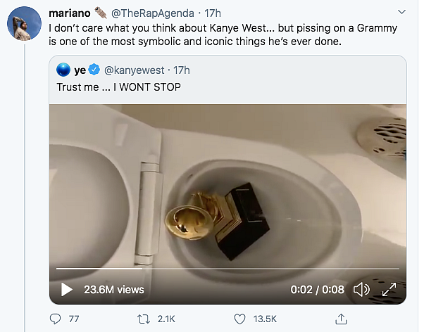 Twitter Reacts to Kanye West Urinating on His Grammy Award