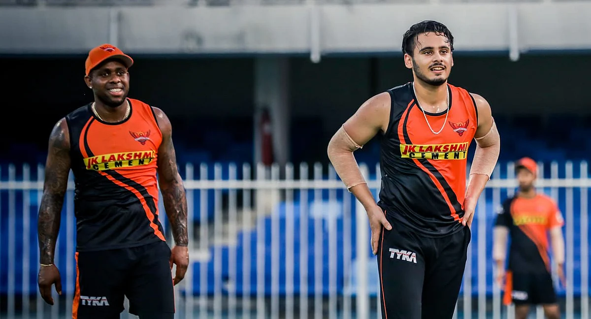 Fabian Allen and Abdul Samad during a practice session ahead of IPL 2020. 
