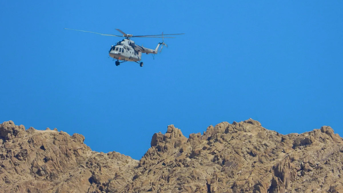 Air Force chopper flies in the skies of of Leh, Ladakh, on 1 September, 2020, in the wake of India China face-off.
