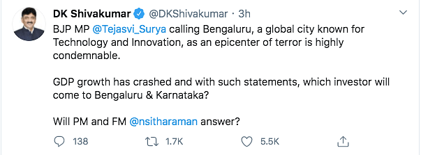 Congress leader DK Shivakumar has also called for Surya’s sacking by the BJP.