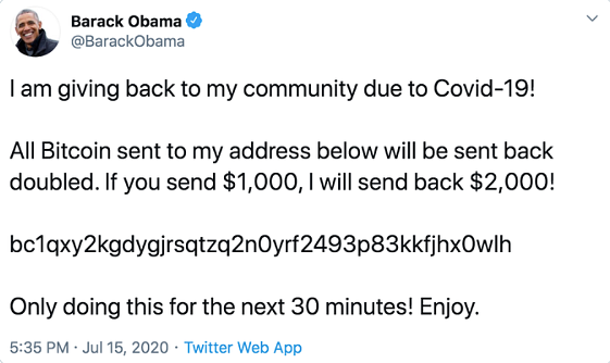 Barack Obama’s Twitter account was hacked on 15 July.