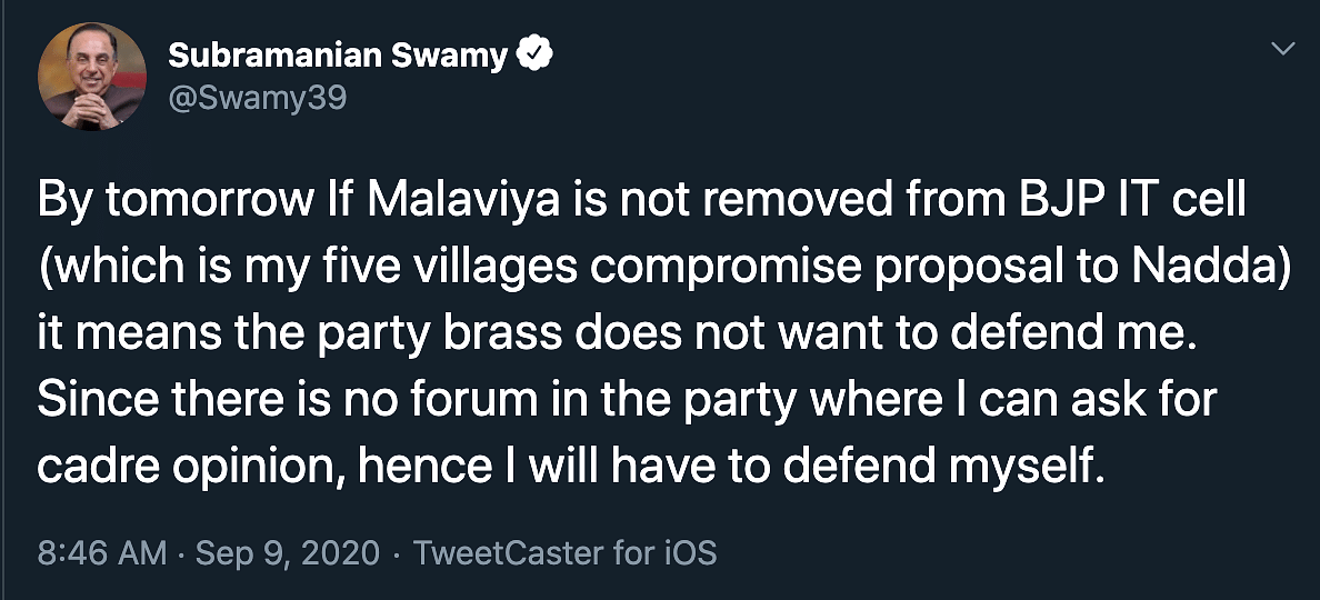 “I am ignoring but BJP must sack them. One Malaviya character is running riot with filth,” Swamy had tweeted. 