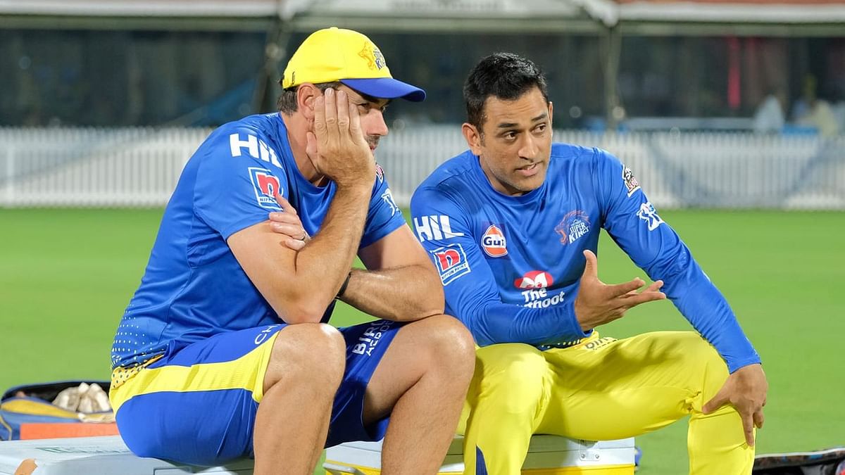 Chennai Super Kings coach Stephen Fleming and captain MS Dhoni during a practice session.