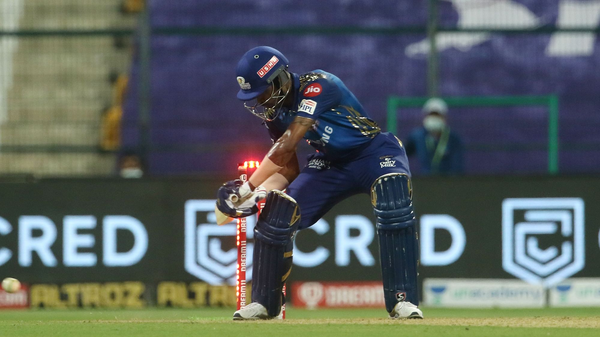 Hardik Pandya of Mumbai Indians gets out as he hits wicket during match 5 of season 13 of the Dream 11 Indian Premier League (IPL) between the Kolkata Knight Riders and the Mumbai Indians held at the Sheikh Zayed Stadium.