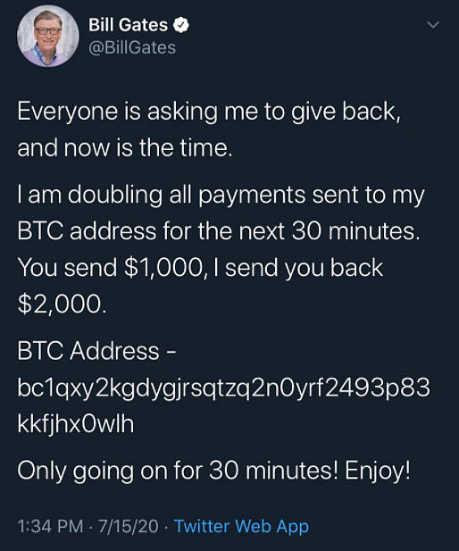 Tweet from Elon Musk’s account after it was hacked.