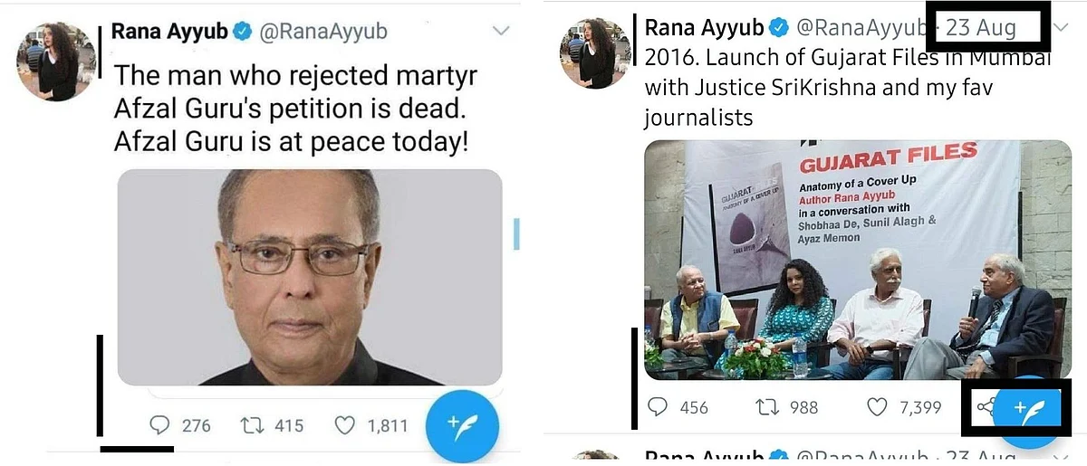 Comparison of the viral tweet (L) and another tweet by Rana Ayyub (R).