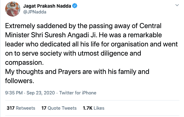 Expressing condolences, PM Modi called him “an exceptional karyakarta, who worked hard to make the party strong.”