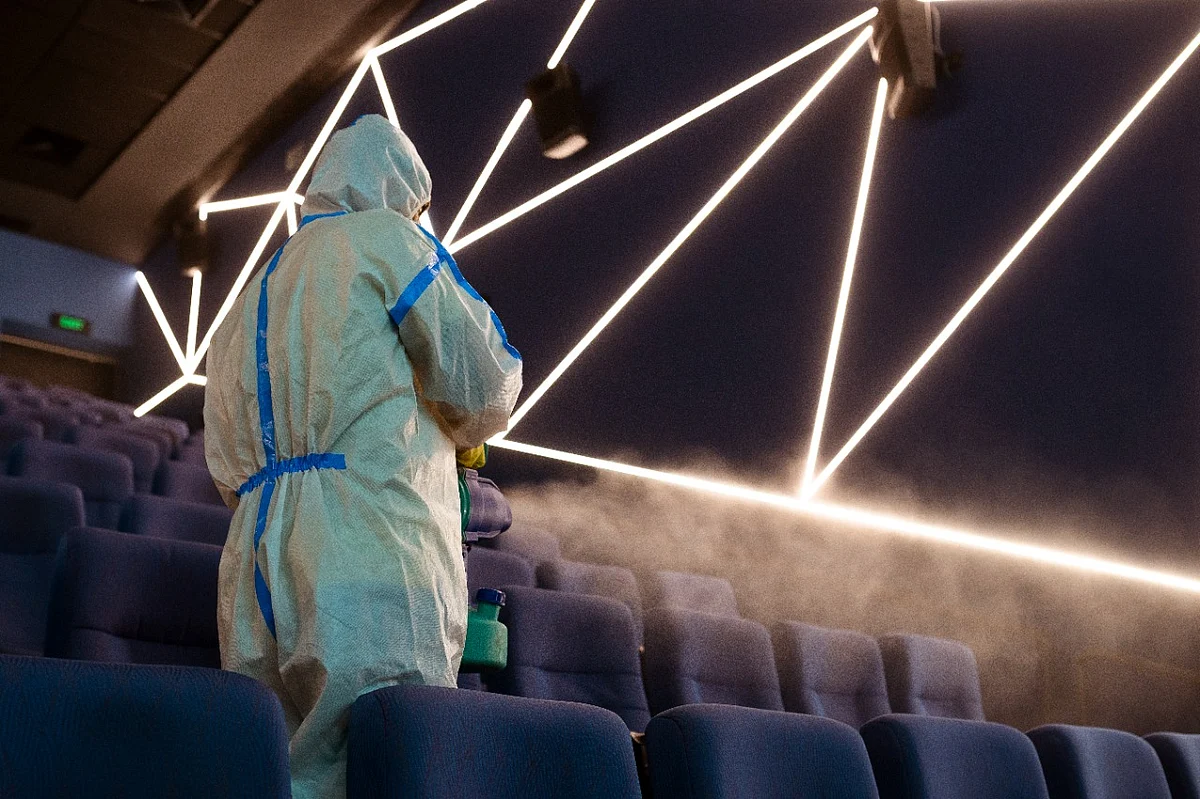 A multiplex hall getting sanitised.