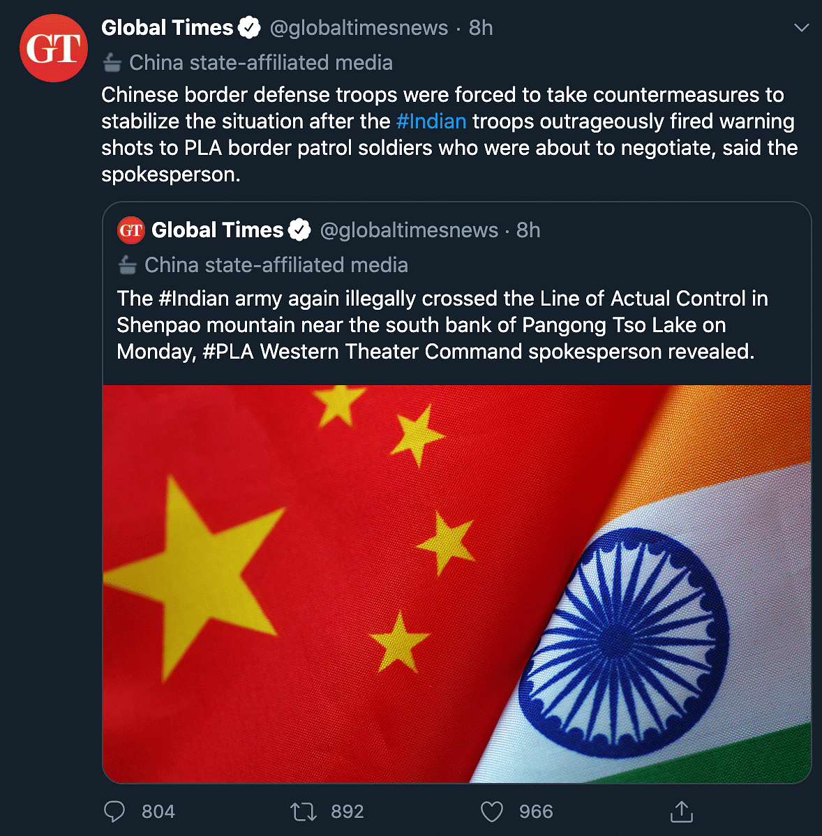 China earlier claimed the Indian Army crossed the LAC and its troops fired warning shots to PLA patrol soldiers.