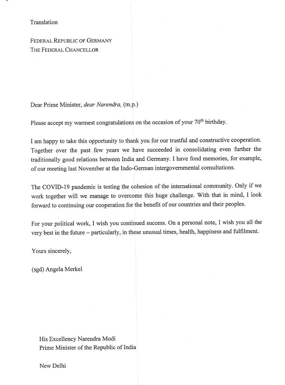 German Chancellor Angela Merkel’s letter to PM Modi