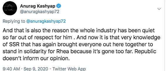 Anurag Kashyap extends support to Rhea, who has been arrested in Sushant Singh Rajput case. 