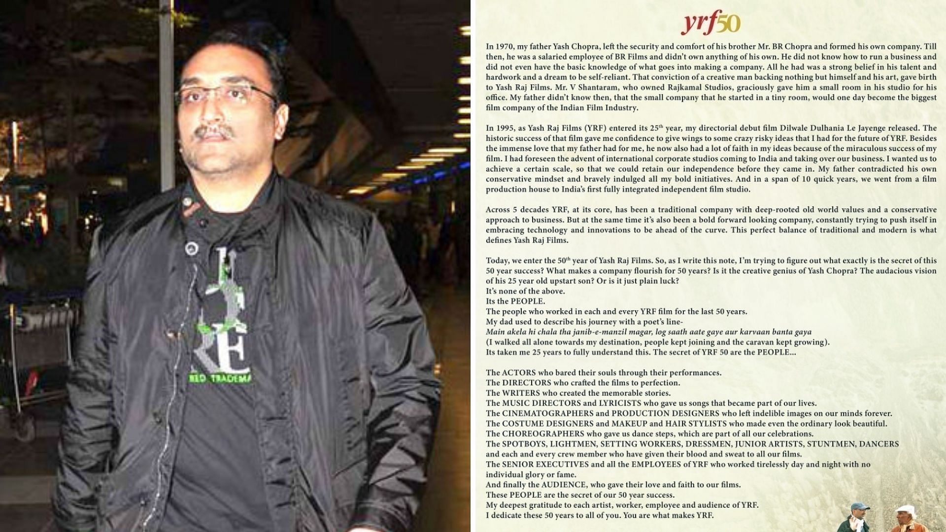 Aditya Chopra pens a long note as Yash Raj Films completes 50 years.