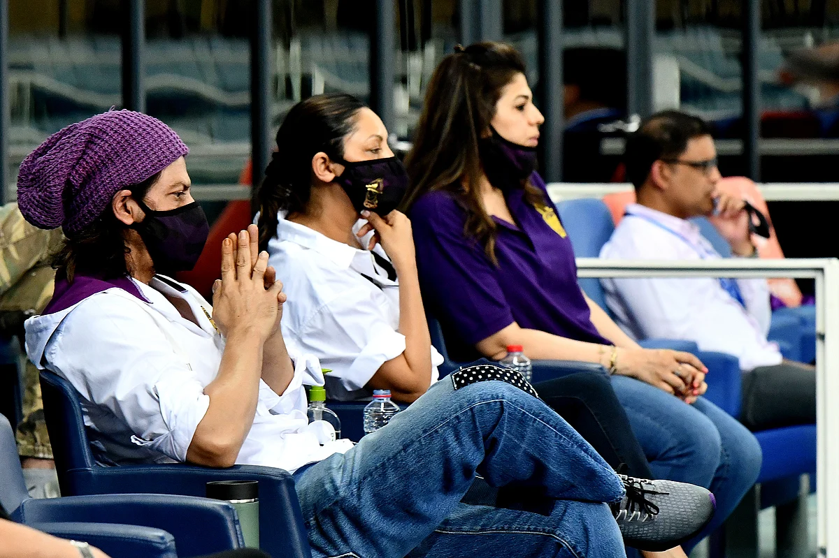 IPL 2020: Shah Rukh Khan was spotted in stands with wife Gauri and son Aryan.