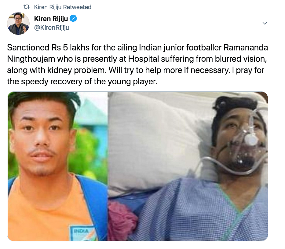 Rijiju Sanctions Rs 5 Lakh for Footballer Suffering Kidney Failure