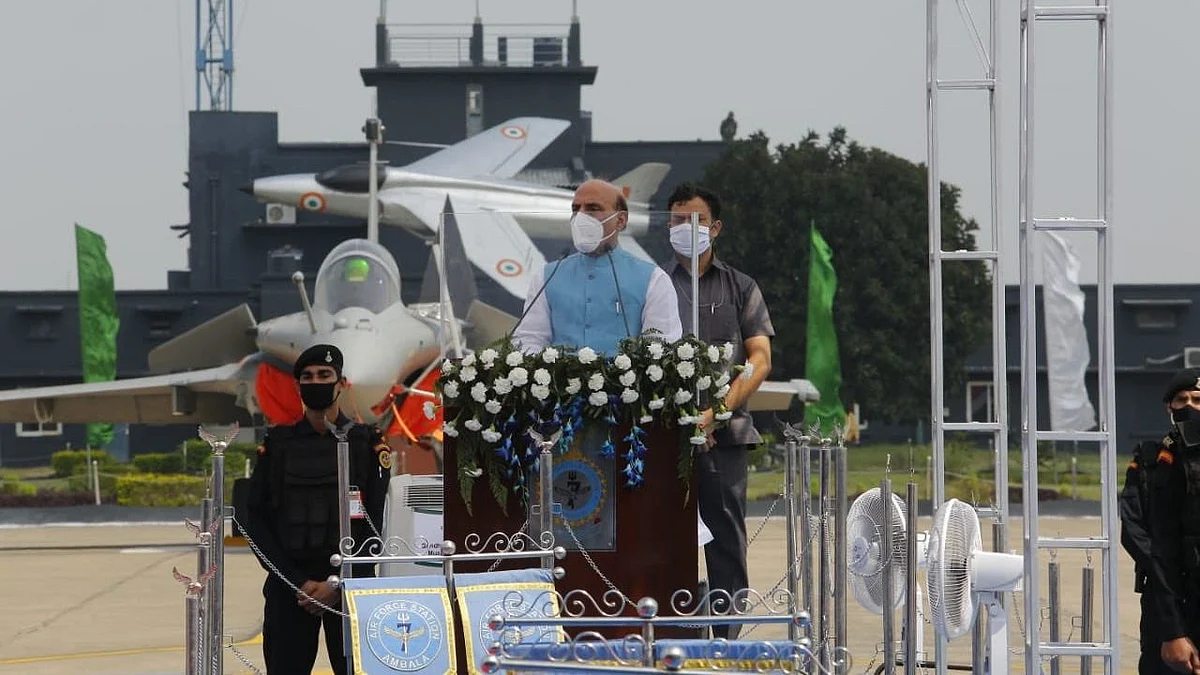 Defence Minister Rajnath Singh at the Rafale induction ceremony in Ambala. 