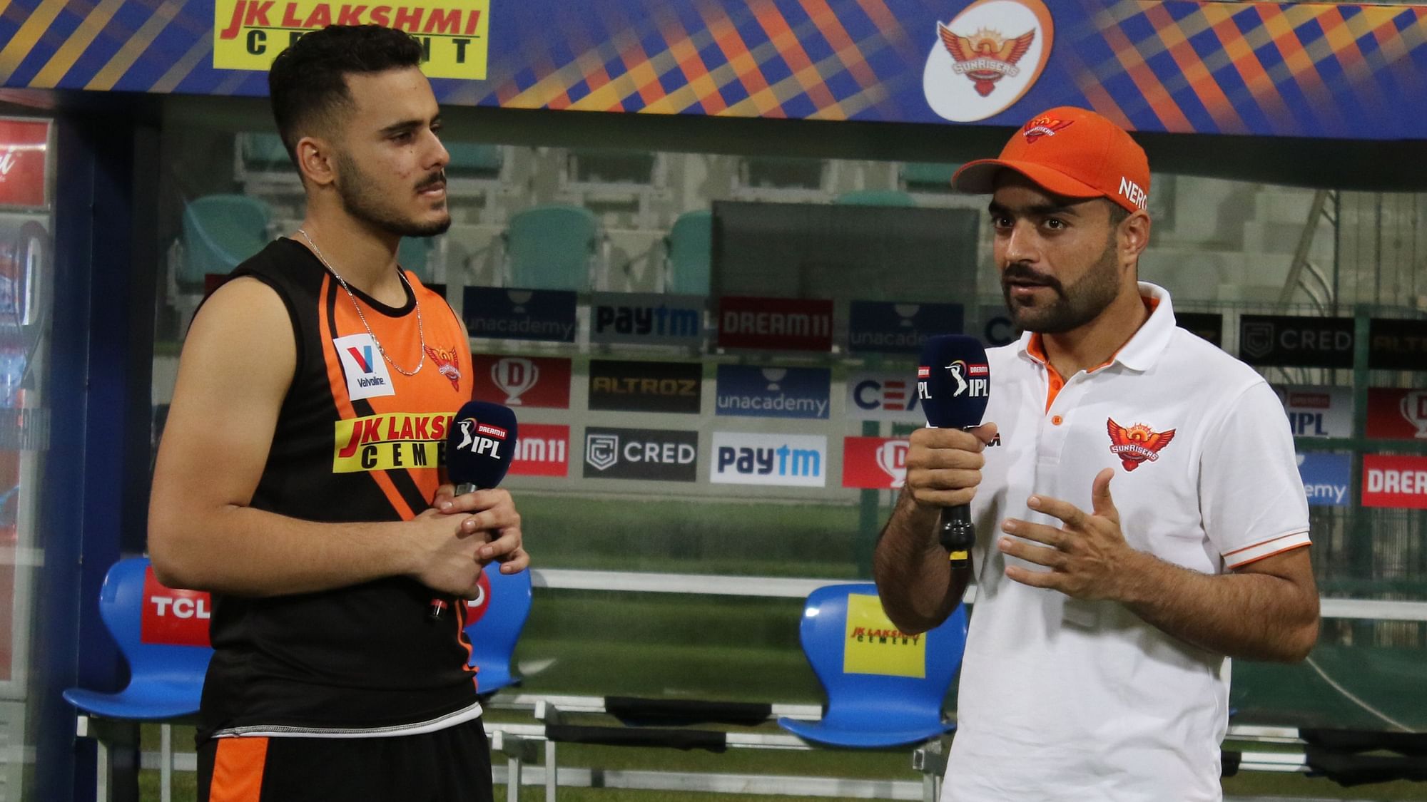 Rashid Khan in conversation with his teammate Abdul Samad after Sunrisers Hyderabad’s win against Delhi Capitals. 