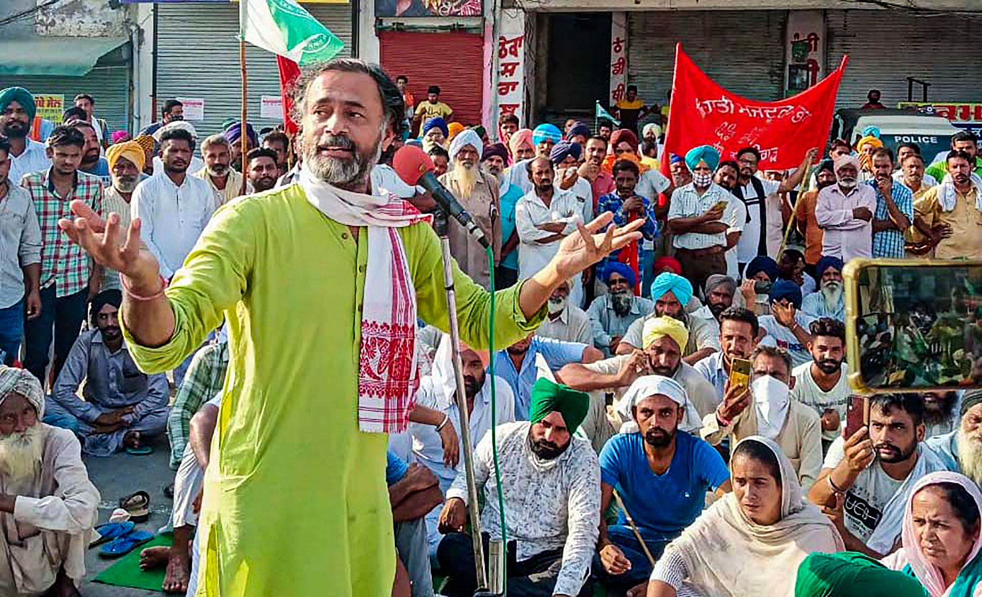 Swaraj India President Yogendra Yadav addresses various farmers organisations during a protest against the recently passed farm bills 2020, in Sangrur district, Friday, 25 September.