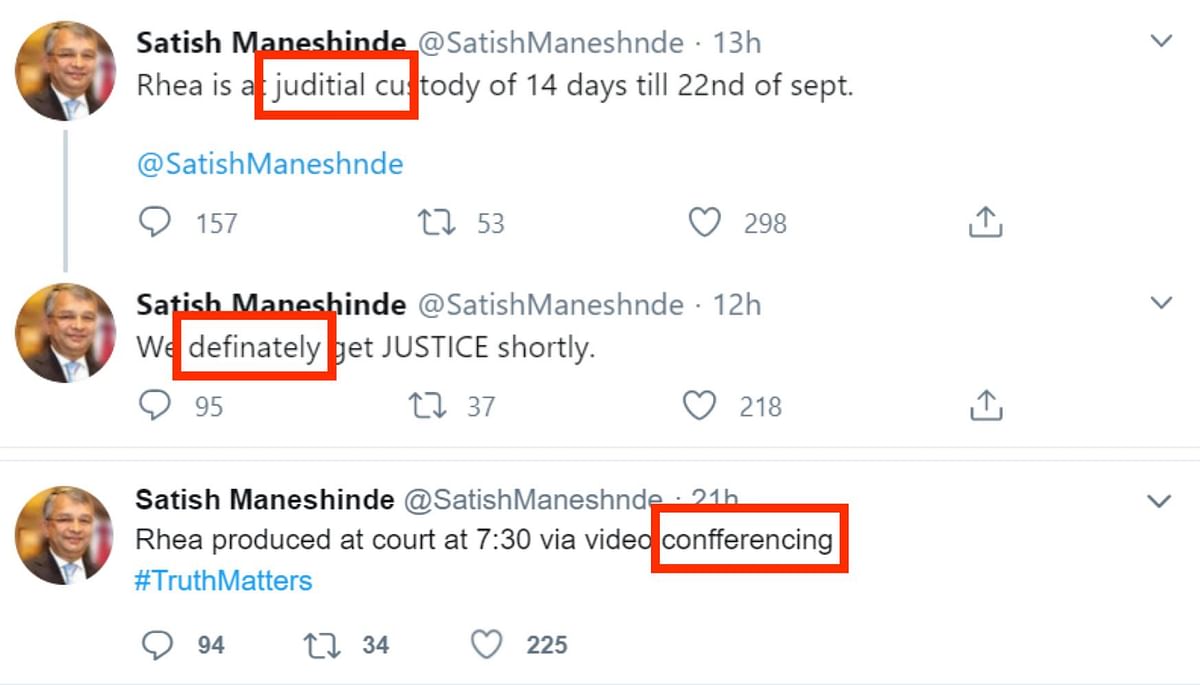 The accounts impersonating Maneshinde and Indrajit regularly tweet in support of Rhea Chakraborty and the case.