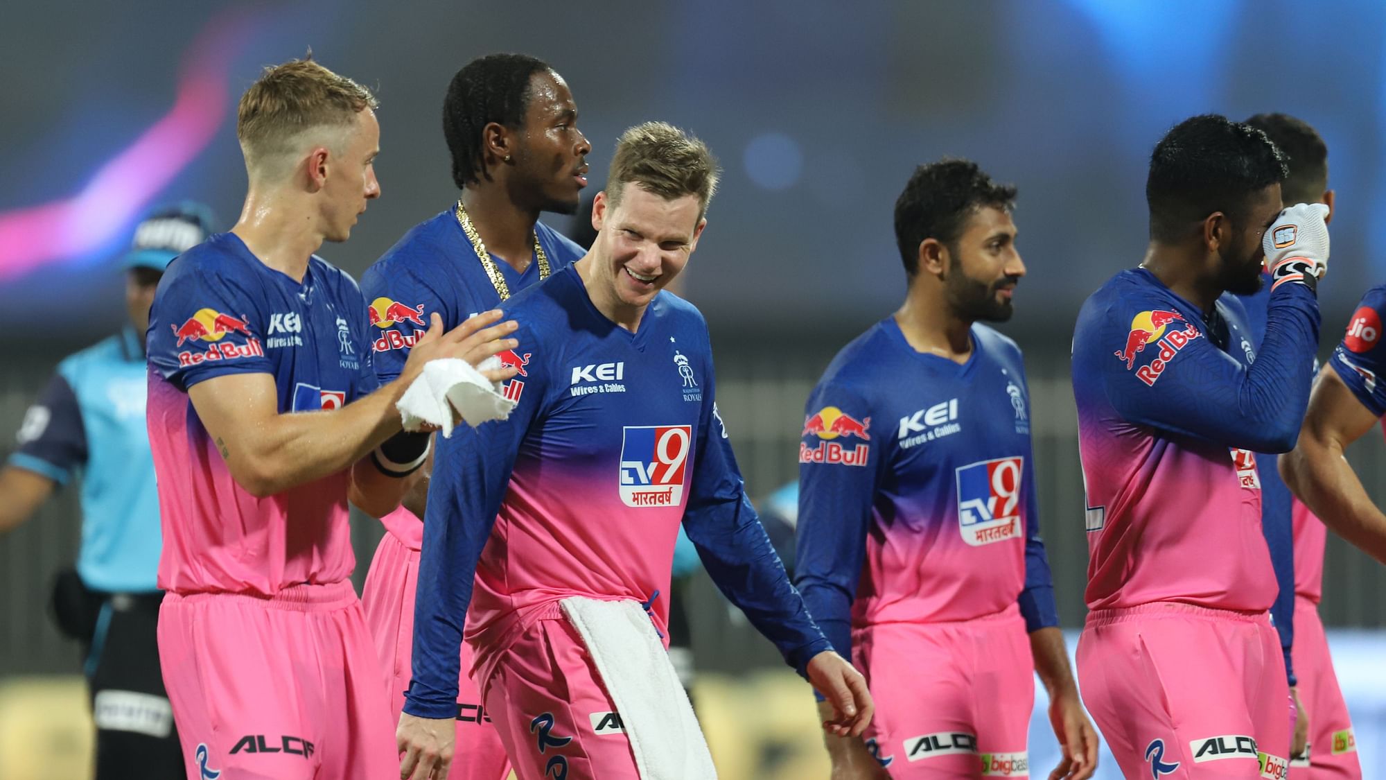 Steve Smith and his Rajasthan Royals team-mates walk off the field after beating MS Dhoni’s Chennai Super Kings.