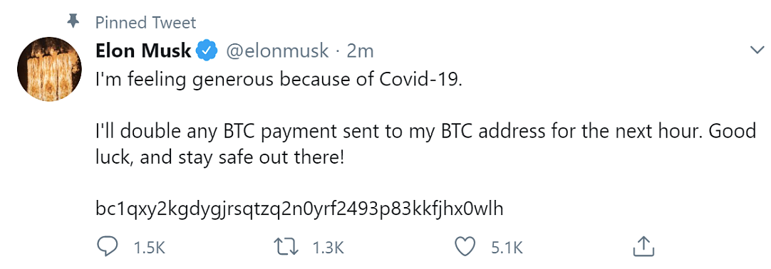 Tweet from Elon Musk’s account after it was hacked.