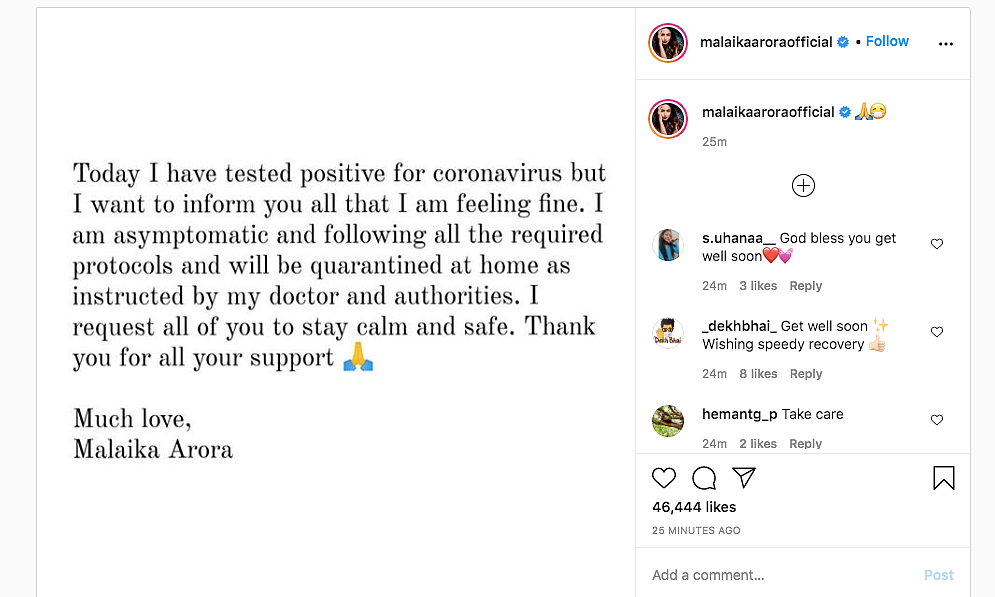 Am Asymptomatic: Malaika Arora on Testing COVID-19 Positive