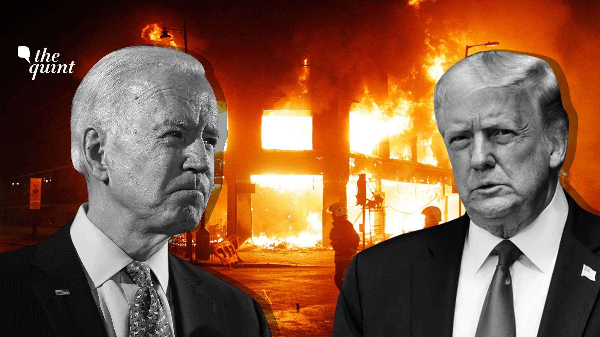 Image of Joe Biden (L) and Trump (R), with a picture representing anarchy /violence as the backdrop – to symbolise the essence of the article.