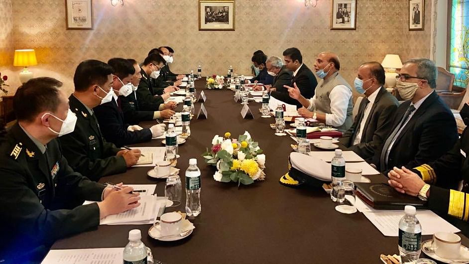 Defence Minister Rajnath Singh meeting the Chinese Defence Minister, General Fenghe in Moscow.